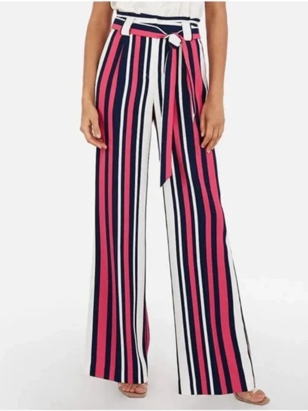 Express Wide Leg High-Waist Striped Pants - Pink, Navy & White